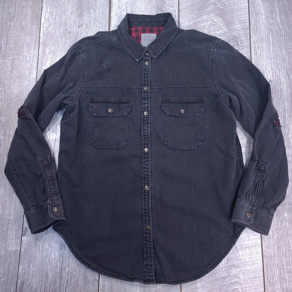 American Eagle Denim Shirt Women S Black Distressed Flannel Lined Oversized
